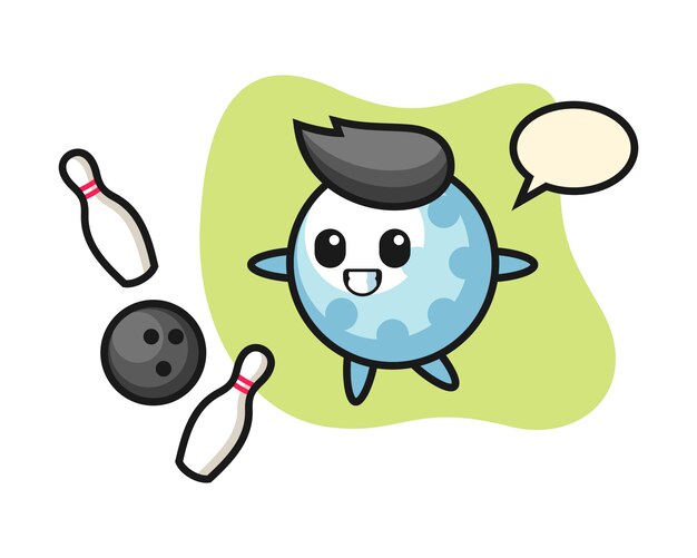 Personaje de dibujos animados de pelota de golf está jugando bolos