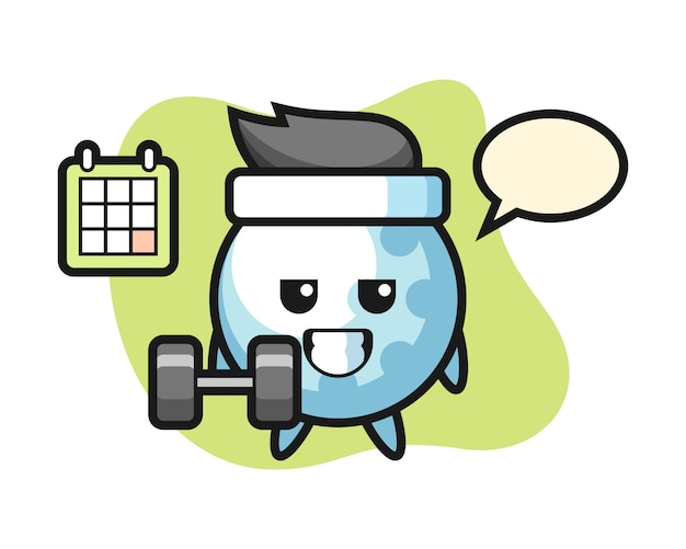 Personaje de dibujos animados de pelota de golf haciendo fitness con mancuernas