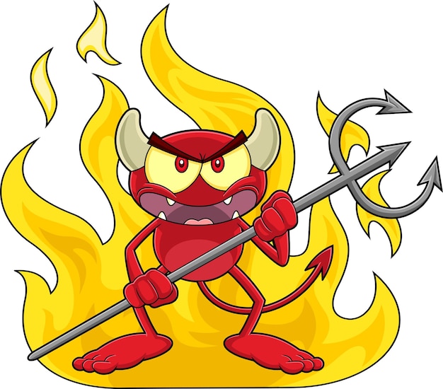 Personaje de dibujos animados del pequeño diablo rojo enojado sosteniendo una horca sobre las llamas