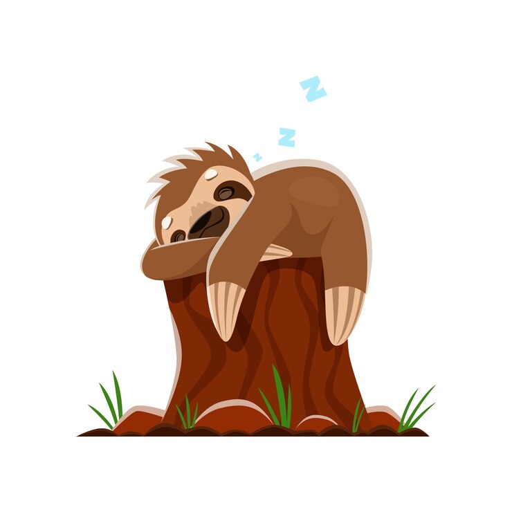 Vector personaje de dibujos animados perezoso durmiendo pacíficamente en un tronco de árbol sus ojos cerrados y una sonrisa de contenido en su rostro vector lindos salones de animales tropicales o dormitando con expresión relajada captura la tranquilidad