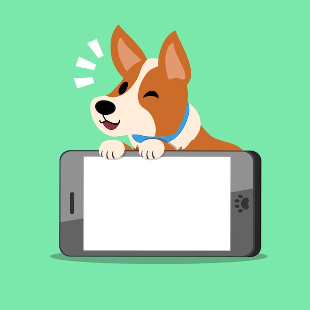 Personaje de dibujos animados perro corgi y gran smartphone.