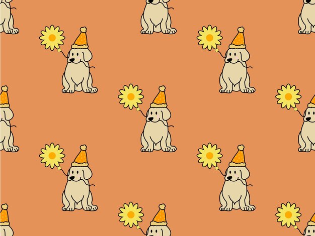 Personaje de dibujos animados de perro de patrones sin fisuras sobre fondo naranja estilo pixel