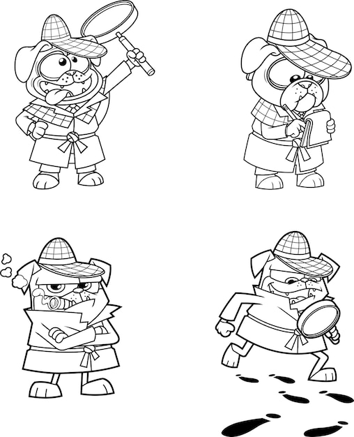 Personaje de dibujos animados de perro pug detective contorneado en diferentes poses. Conjunto de colección de vectores dibujados a mano