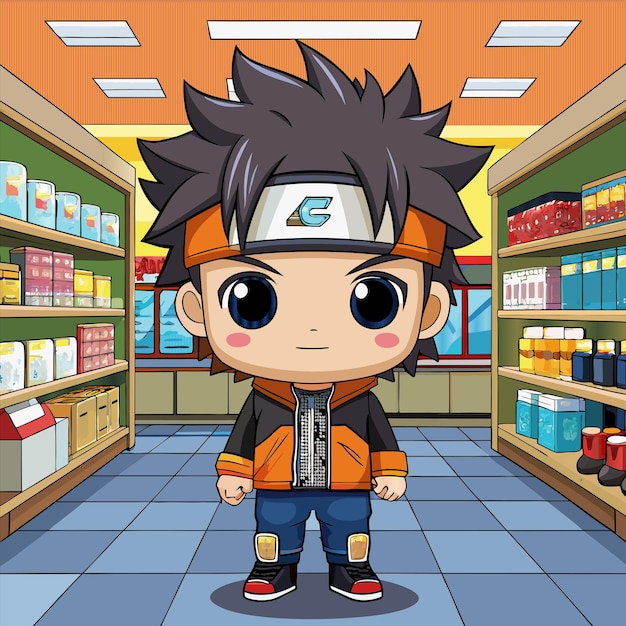 un personaje de dibujos animados con un personaje de anime en una tienda
