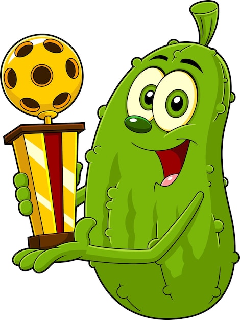 Personaje de dibujos animados de pickle feliz sosteniendo un trofeo de pickleball