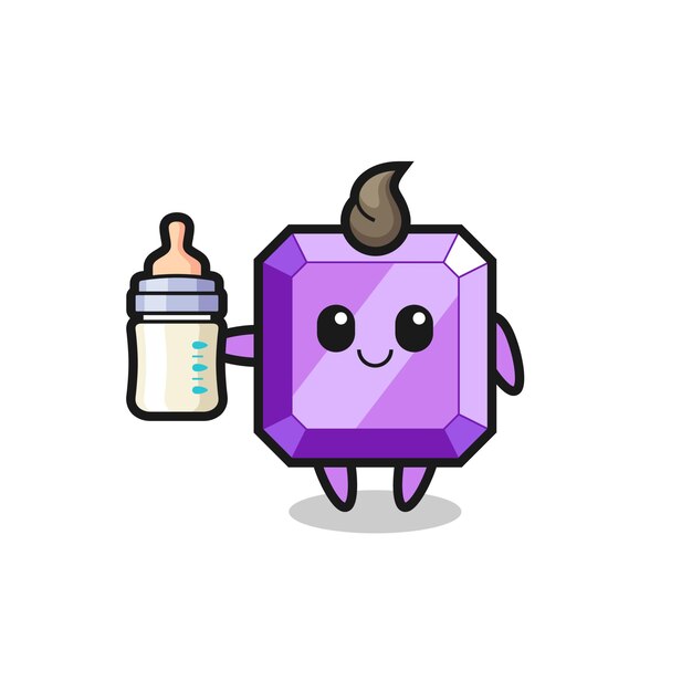 Personaje de dibujos animados de piedras preciosas moradas de bebé con botella de leche, diseño de estilo lindo para camiseta, pegatina, elemento de logotipo