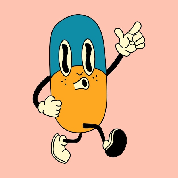 Personaje de dibujos animados de la píldora psicodélica retro