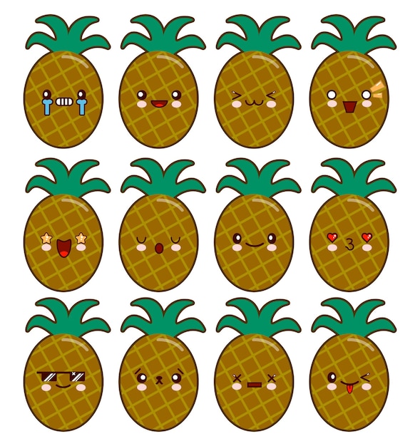 Personaje de dibujos animados de piña con emociones en la cara kawaii Diseño plano Vector Ilustración