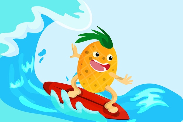 personaje de dibujos animados de piña surfeando en su tabla de surf en una ilustración de vector de diseño plano