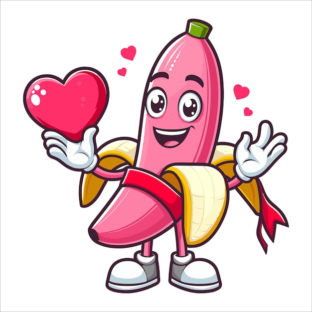 Vector personaje de dibujos animados pink banana sosteniendo una ilustración vectorial de corazón rojo sobre fondo blanco