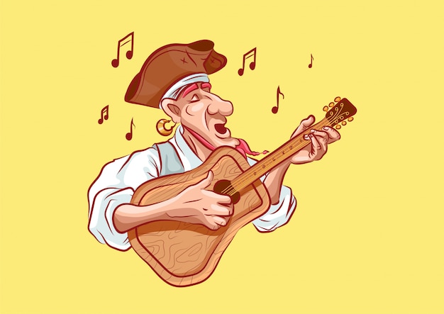 Personaje de dibujos animados pirata canta canción toca la guitarra