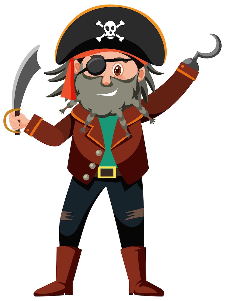 Vector personaje de dibujos animados pirata del capitán garfio aislado sobre fondo blanco.