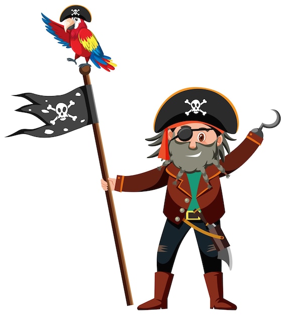 Personaje de dibujos animados pirata del Capitán Garfio sosteniendo el Jolly Roger aislado sobre fondo blanco.