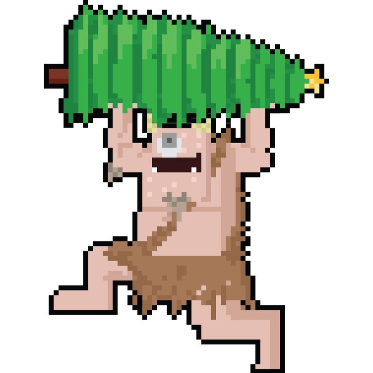 Vector un personaje de dibujos animados de pixel art que sostiene un árbol de navidad.