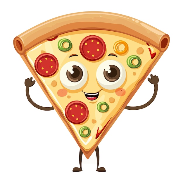 Personaje de dibujos animados de pizza con brazos y piernas en fondo blanco