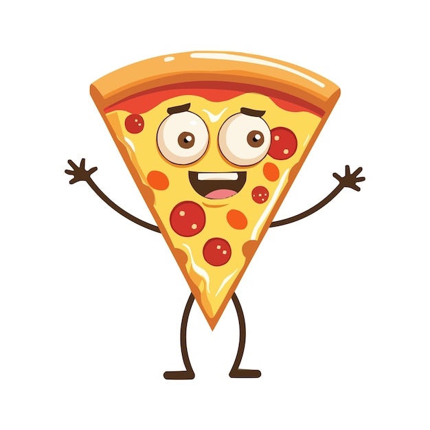Personaje de dibujos animados de pizza con brazos y piernas en fondo blanco