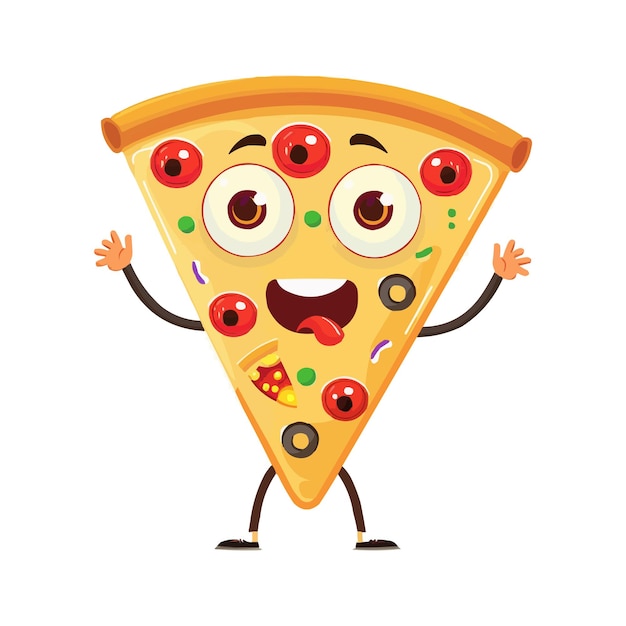 Personaje de dibujos animados de pizza con brazos y piernas en fondo blanco
