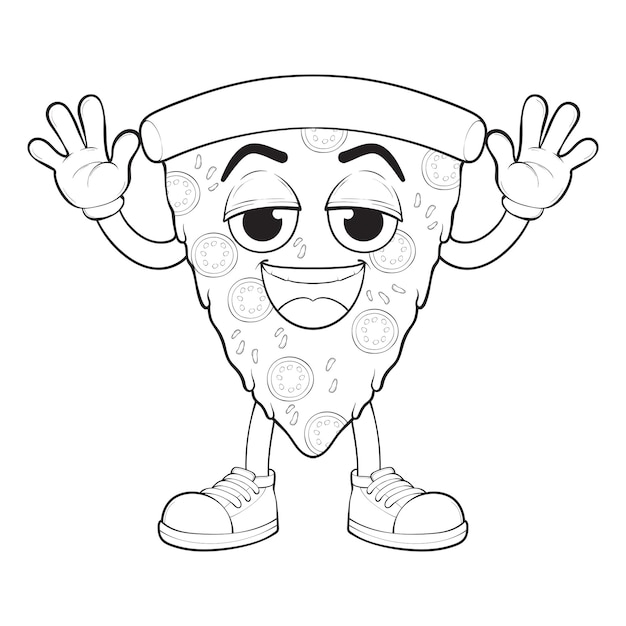 Personaje de dibujos animados de pizza Contorno de pizza con queso Personaje mascota de la pizzería Happy Vector página de colorear