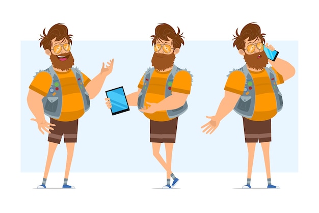 Personaje de dibujos animados plano divertido barbudo gordo hipster hombre en chaleco de jeans y gafas de sol. listo para la animación. niño hablando por teléfono y sosteniendo una tableta inteligente. aislado sobre fondo azul.
