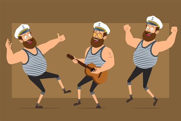 Personaje de dibujos animados plano divertido barbudo gordo marinero con sombrero de capitán con tatuaje. niño tocando la guitarra y mostrando los pulgares para arriba signo.