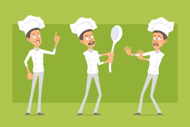 Personaje de dibujos animados plano divertido chef cocinero hombre en uniforme blanco y sombrero de panadero. Hombre asustado, sosteniendo una cuchara grande y mostrando un signo de atención.