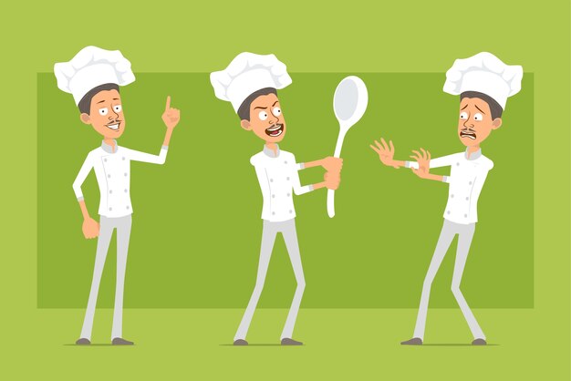 Vector personaje de dibujos animados plano divertido chef cocinero hombre en uniforme blanco y sombrero de panadero. hombre asustado, sosteniendo una cuchara grande y mostrando un signo de atención.