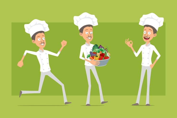 Vector personaje de dibujos animados plano divertido chef cocinero hombre en uniforme blanco y sombrero de panadero. hombre corriendo y llevando una olla de metal con verduras frescas.
