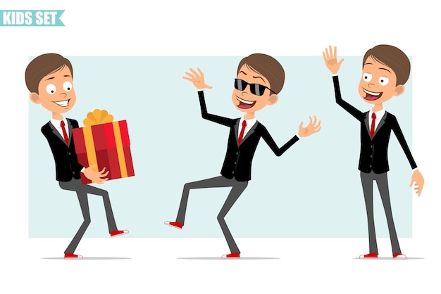 Personaje de dibujos animados plano divertido chico de negocios en chaqueta negra con corbata roja. niño con caja de regalo navideña y mostrando gesto de saludo. listo para la animación. aislado sobre fondo gris. conjunto.