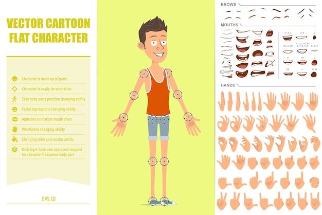 Personaje de dibujos animados plano divertido deportista en camiseta y pantalones cortos. listo para la animación. expresiones faciales, ojos, cejas, boca y manos.