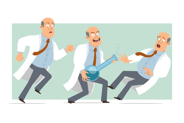 Personaje de dibujos animados plano divertido gordo médico calvo en uniforme blanco con corbata. Niño cayendo y sosteniendo el matraz químico con líquido. Listo para la animación. Aislado sobre fondo verde. conjunto.