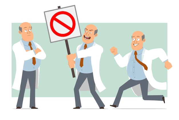 Personaje de dibujos animados plano divertido gordo médico calvo en uniforme blanco con corbata. Niño corriendo y sin señal de stop de entrada. Listo para la animación. Aislado sobre fondo verde. conjunto.