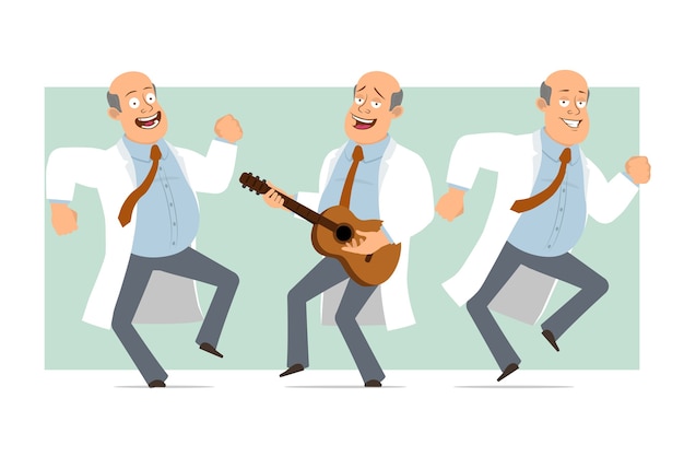 Personaje de dibujos animados plano divertido gordo médico calvo en uniforme blanco con corbata. Niño saltando, bailando y tocando la guitarra. Listo para la animación. Aislado sobre fondo verde. conjunto.