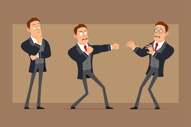 Personaje de dibujos animados plano divertido hombre de negocios fuerte en abrigo negro y corbata. Niño asustado, pensando y peleando.