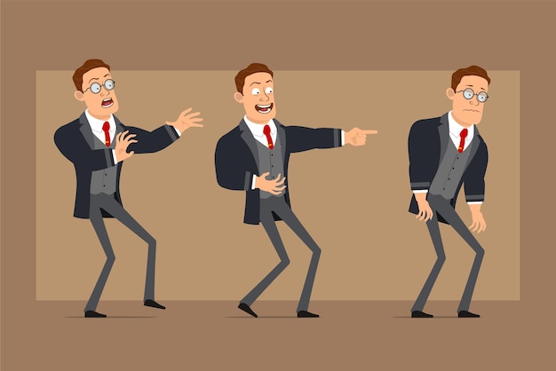 Personaje de dibujos animados plano divertido hombre de negocios fuerte en abrigo negro y corbata. Niño asustado, triste, cansado y mostrando una sonrisa malvada.