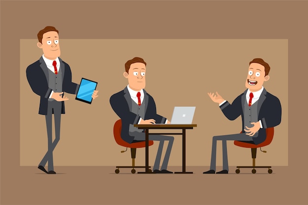 Personaje de dibujos animados plano divertido hombre de negocios fuerte en abrigo negro y corbata. Niño trabajando en una computadora portátil y mostrando una nueva tableta inteligente.
