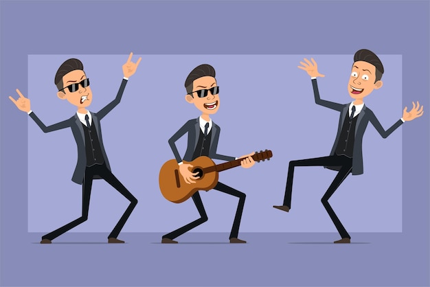 Personaje de dibujos animados plano divertido mafioso en abrigo negro y gafas de sol. Niño bailando, tocando la guitarra y mostrando el signo de rock and roll. Listo para la animación. Aislado sobre fondo violeta. conjunto.