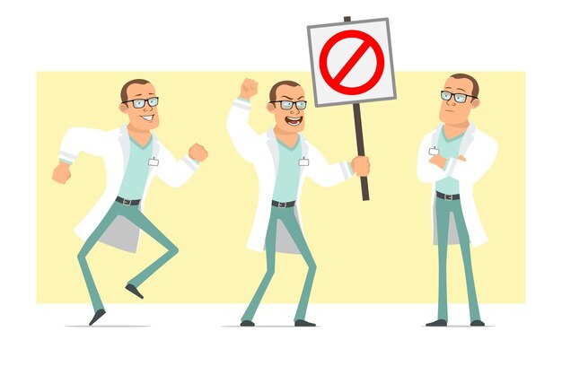Personaje de dibujos animados plano divertido médico fuerte hombre en uniforme blanco y gafas. Niño posando y sin señal de stop de entrada. Listo para la animación. Aislado sobre fondo amarillo. conjunto.