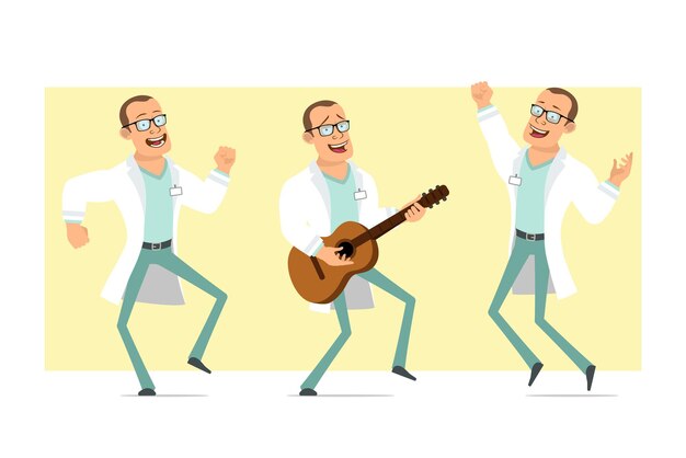 Personaje de dibujos animados plano divertido médico fuerte hombre en uniforme blanco y gafas. Niño saltando, bailando y tocando la guitarra. Listo para la animación. Aislado sobre fondo amarillo. conjunto.
