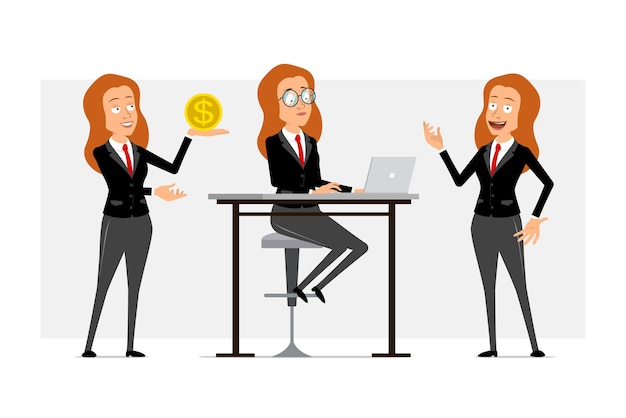 Personaje de dibujos animados plano divertido mujer de negocios en traje negro con corbata roja. Muchacha que trabaja en la computadora portátil y que sostiene la moneda de oro con el signo de dólar. Listo para la animación. Aislado sobre fondo gris. conjunto.