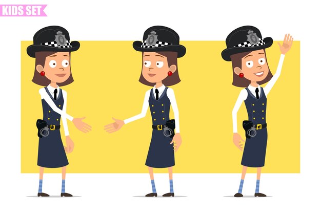 Personaje de dibujos animados plano divertido policía británico chica con sombrero de casco y uniforme. chica dándose la mano y diciendo hola.