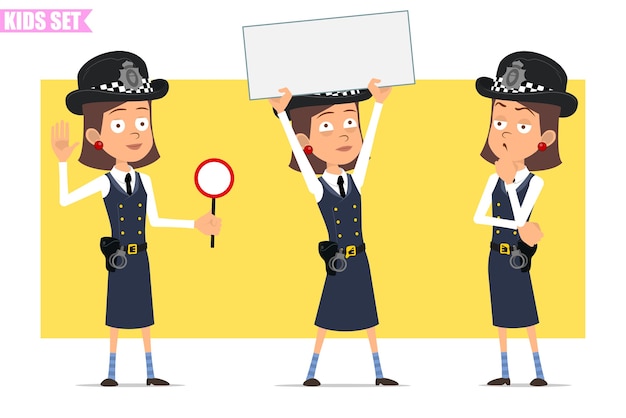 Personaje de dibujos animados plano divertido policía británico chica con sombrero de casco y uniforme. chica mostrando cartel en blanco para el texto y sosteniendo la señal de stop.