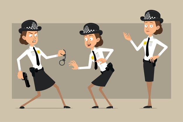 Personaje de dibujos animados plano divertido policía británico mujer con sombrero negro y uniforme con placa. chica posando, escabulléndose y sosteniendo una pistola. listo para la animación. aislado sobre fondo gris. conjunto.