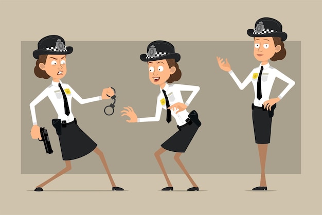 Personaje de dibujos animados plano divertido policía británico mujer con sombrero negro y uniforme con placa. chica posando, escabulléndose y sosteniendo una pistola.
