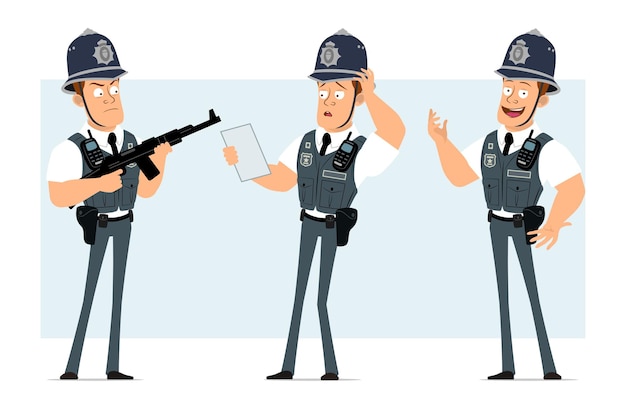Personaje de dibujos animados plano divertido policía fuerte en chaleco antibalas con radio. Niño sosteniendo rifle automático y nota de papel de lectura.