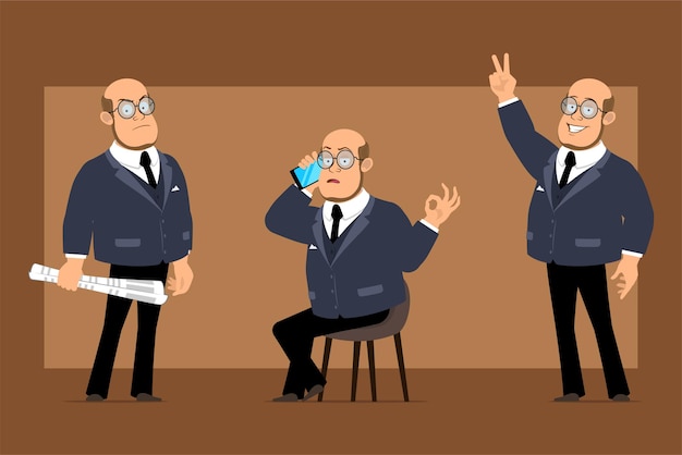 Personaje de dibujos animados plano divertido profesor calvo hombre en traje oscuro y gafas. Niño mostrando el signo de la paz y hablando por teléfono.