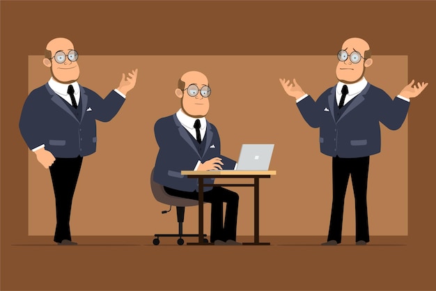 Personaje de dibujos animados plano divertido profesor calvo hombre en traje oscuro y gafas. Niño posando y trabajando en la computadora portátil.