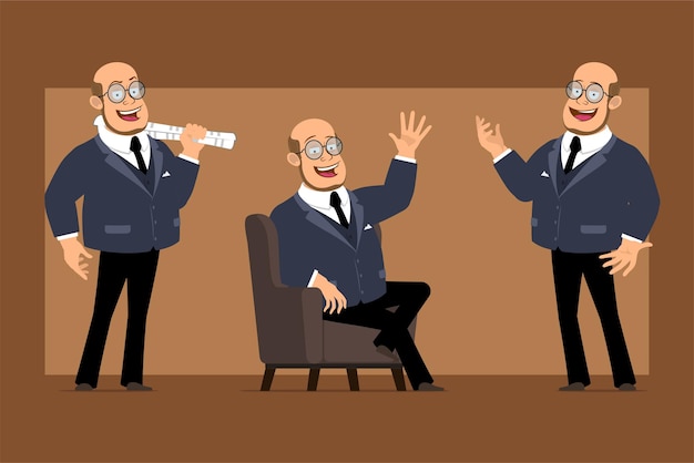 Personaje de dibujos animados plano divertido profesor calvo hombre en traje oscuro y gafas. Niño sosteniendo el periódico y mostrando el gesto de Hola.