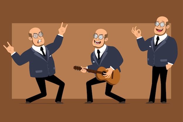 Personaje de dibujos animados plano divertido profesor calvo hombre en traje oscuro y gafas. Niño tocando la guitarra y mostrando el signo de rock and roll.