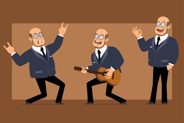 Personaje de dibujos animados plano divertido profesor calvo hombre en traje oscuro y gafas. niño tocando la guitarra y mostrando el signo de rock and roll.