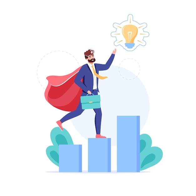 personaje de dibujos animados plano empresarial presente nuevo símbolo de idea en la tabla de crecimiento.